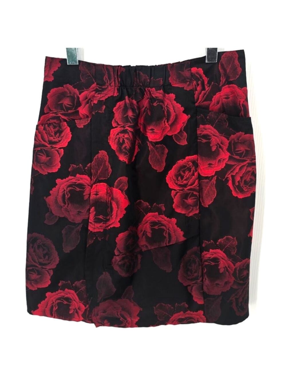 Babette Black Red Rose Print Faux Wrap Skirt Pull On XXS Art To Wear NWT